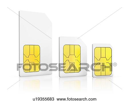 Stock Image - Three SIM card sizes. Illustration of a Mini-SIM, a Micro-SIM, and a Nano-SIM.. Fotosearch