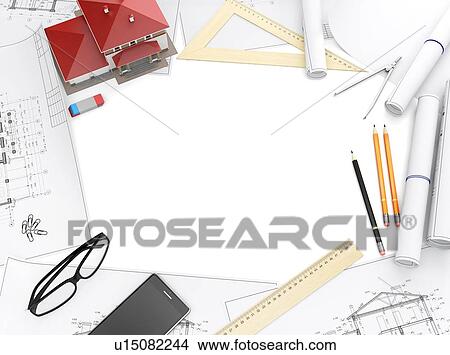 Picture - Tools of the architect and architectural drawings isolated on white background. Top view with copy space. 3D illustration.. Fotosearch
