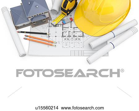 Picture - Tools of the architect or engineer and technical drawings isolated on white background. Top view with copy space. 3D illustration.. Fotosearch