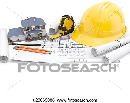 Stock Photo - Tools of the architect or engineer and technical drawings on white background. 3D illustration.. Fotosearch