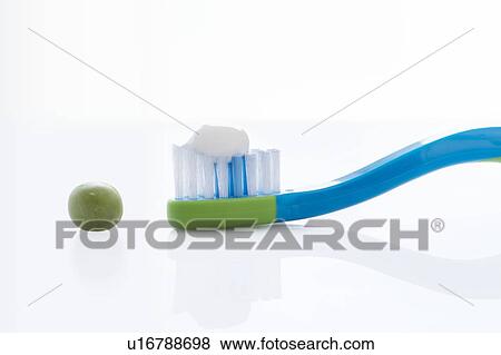 Stock Photo - Toothbrush with a pea sized amount of toothpaste against a white background.. Fotosearch