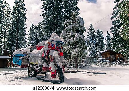 Picture - Touring bike covered in snow, Truckee, California, USA. Fotosearch