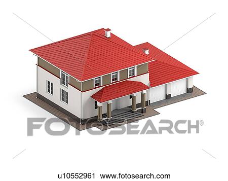 Traditional two-storey house with red roof and built-in garage isolated on white background. 3D illustration. Isometric view. View Large Photo Image Stock Image - Traditional two-storey house with red roof and built-in garage isolated on white background. 3D illustration. Isometric view.. Fotosearch