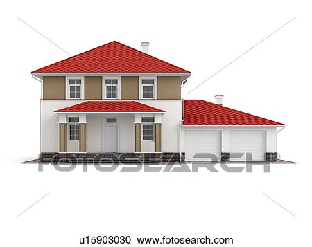 Stock Image - Traditional two-storey house with red roof and built-in garage isolated on white background. 3D illustration. Front view.. Fotosearch