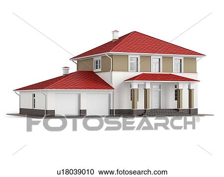 Stock Image - Traditional two-storey house with red roof and built-in garage isolated on white background. 3D illustration.. Fotosearch