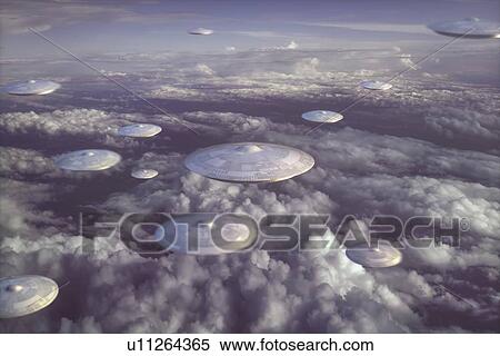 Stock Photography - UFOs flying in sky above clouds, illustration.. Fotosearch