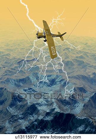 Stock Photo - Vintage aeroplane in lighting storm over sea, illustration.. Fotosearch
