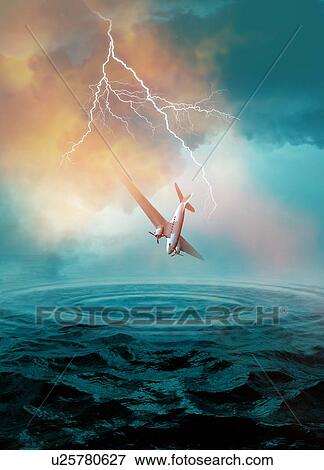 Stock Photo - Vintage aeroplane in lighting storm over sea, illustration.. Fotosearch