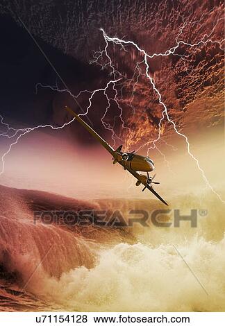 Vintage aeroplane in lighting storm over sea, illustration. View Large Photo Image Stock Photo - Vintage aeroplane in lighting storm over sea, illustration.. Fotosearch
