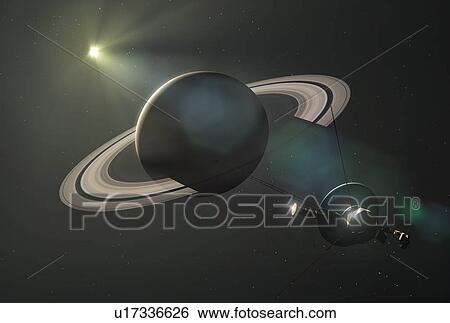 Stock Photograph - Voyager spacecraft at Saturn, Illustration. Two Voyager spacecraft (Voyager 1 and Voyager 2) were launched in 1977. This timing took advantage of a rare alignment of the giant outer planets Jupiter and Saturn, which made it possible for the spacecraft.... Fotosearch