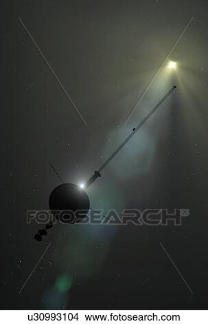 Picture - Voyager spacecraft leaving Solar System, illustration. Two Voyager spacecraft (Voyager 1 and Voyager 2) were launched in 1977. This timing took advantage of a rare alignment of the four giant outer planets Jupiter to Neptune, which made it possible.... Fotosearch