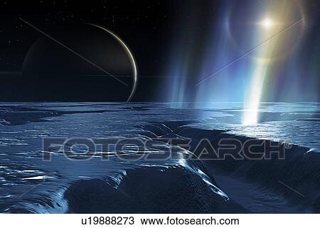 Stock Image - Water plumes on Enceladus, illustration. Enceladus is a mid-sized satellite of Saturn, about 500 km across, known since 1789. It is only one-tenth the size of the largest Saturnian moon, Titan. In 2005, the Cassini spacecraft discovered that this.... Fotosearch
