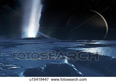 Water plumes on Enceladus, illustration. Enceladus is a mid-sized satellite of Saturn, about 500 km across, known since 1789. It is only one-tenth the size of the largest Saturnian moon, Titan. In 2005, the Cassini spacecraft discovered that this... View Large Photo Image Stock Photo - Water plumes on Enceladus, illustration. Enceladus is a mid-sized satellite of Saturn, about 500 km across, known since 1789. It is only one-tenth the size of the largest Saturnian moon, Titan. In 2005, the Cassini spacecraft discovered that this.... Fotosearch