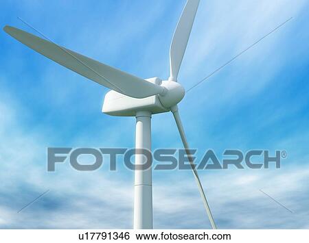 Stock Photograph - Wind turbine against cloudy blue sky. 3D illustration.. Fotosearch