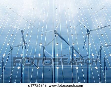 Stock Photo - Wind turbine reflected on the solar panels against clear blue sky. 3D illustration of renewable energy concept.. Fotosearch