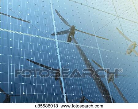 Wind turbine reflected on the solar panels against clear blue sky. 3D illustration of renewable energy concept. View Large Photo Image Stock Photo - Wind turbine reflected on the solar panels against clear blue sky. 3D illustration of renewable energy concept.. Fotosearch