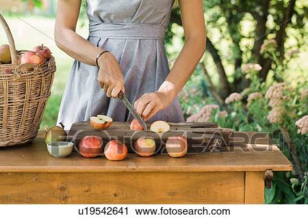 Stock Image - Woman cutting apples on table. Fotosearch