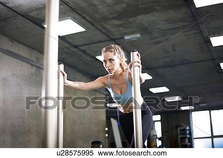 Woman doing sled training in gym View Large Photo Image Stock Photography - Woman doing sled training in gym. Fotosearch