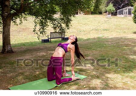 Woman practicing yoga in garden, bending over backwards View Large Photo Image Stock Photograph - Woman practicing yoga in garden, bending over backwards. Fotosearch