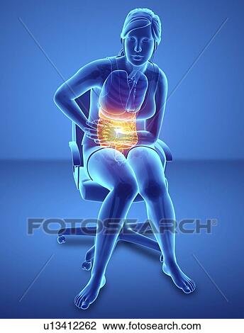 Stock Image - Woman with abdominal pain, computer illustration.. Fotosearch