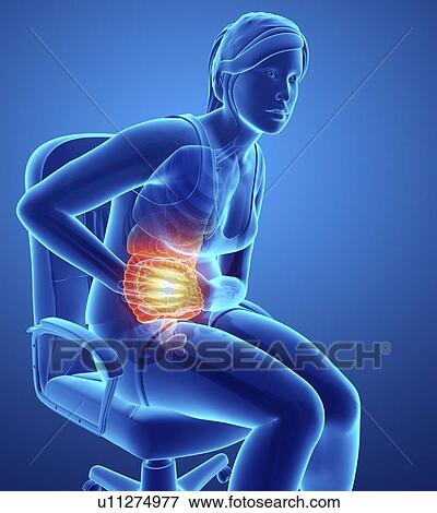 Stock Photo - Woman with abdominal pain, computer illustration.. Fotosearch