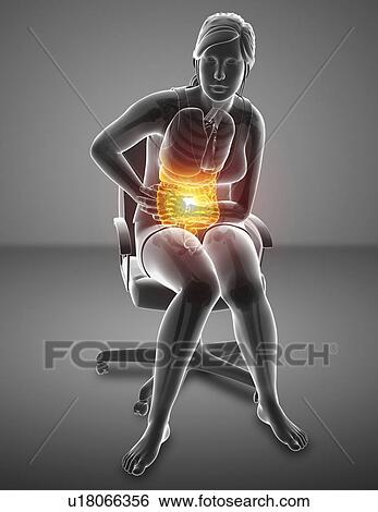 Stock Photograph - Woman with abdominal pain, computer illustration.. Fotosearch