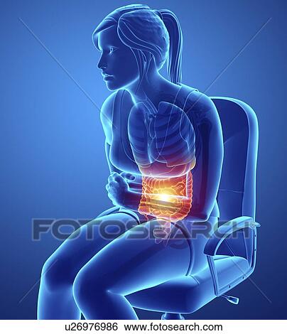 Stock Photograph - Woman with abdominal pain, computer illustration.. Fotosearch