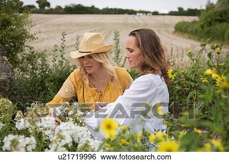 Stock Photograph - Women working on garden in countryside. Fotosearch