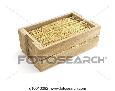 Stock Image - Wooden box filled with rafia, illustration.. Fotosearch