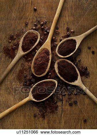 Stock Photograph - Wooden spoons with ground coffee.. Fotosearch