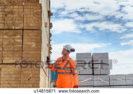 Stock Image - Worker inspecting stacks of timber in storage at port. Fotosearch