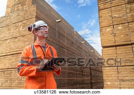 Stock Photograph - Worker with stacks of timber in storage at port. Fotosearch