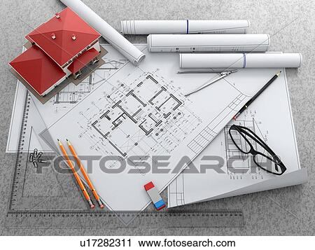 Stock Image - Workplace of architect. Scale model of house and architectural blueprints on the table. 3D illustration.. Fotosearch