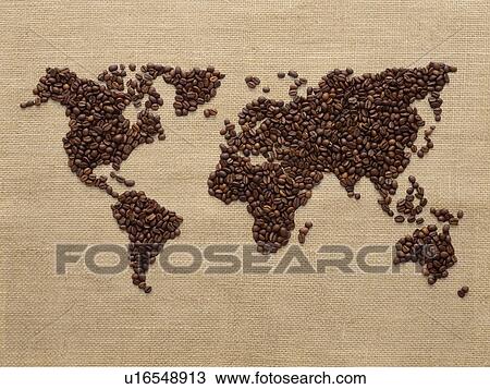 Stock Image - World map made from coffee beans.. Fotosearch