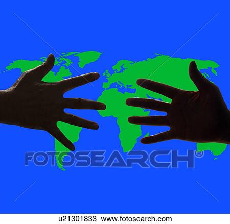 Stock Image - World map with two hands reaching towards each other.. Fotosearch