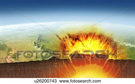 Stock Image - Yellowstone eruption, illustration. Yellowstone National Park in America is sited above an underground magma chamber. It is, in effect, a potential supervolcano. This illustration shows a section through the Earth during an eruption.. Fotosearch