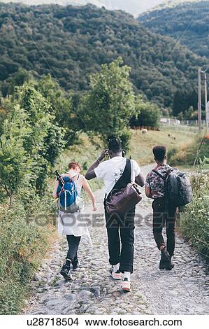 Picture - Young adult hiker friends hiking along rural cobbled road, rear view, Primaluna, Trentino-Alto Adige, Italy. Fotosearch