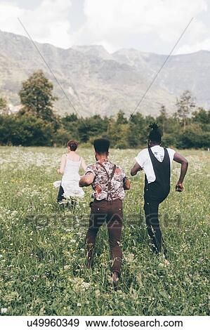 Stock Photo - Young adults friends running through wildflower meadow, rear view, Primaluna, Trentino-Alto Adige, Italy. Fotosearch