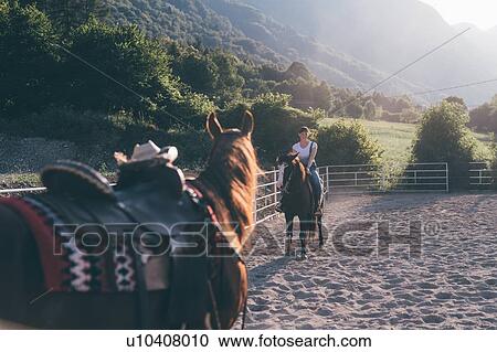 Young woman on horseback in rural equestrian arena, Primaluna, Trentino-Alto Adige, Italy View Large Photo Image Stock Image - Young woman on horseback in rural equestrian arena, Primaluna, Trentino-Alto Adige, Italy. Fotosearch