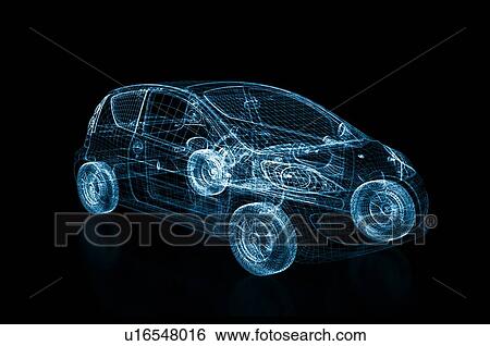 Stock Photograph - 3d rendering of a brandless generic car blue wires on black background.. Fotosearch