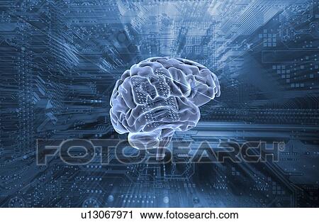 Stock Image - Artificial intelligence. Human brain against a computer motherboard.. Fotosearch