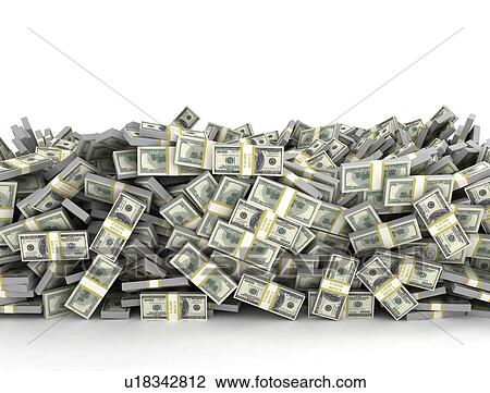 Stock Image - Bundles of dollars, illustration. Pile of money US currency isolated on white background.. Fotosearch