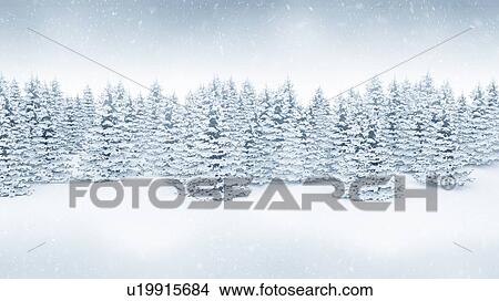 Picture - Christmas winter landscape background. Falling snow and snow covered pine trees, computer illustration.. Fotosearch