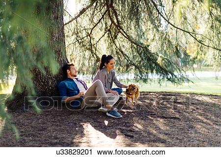 Stock Image - Couple with pet dog sitting by large tree. Fotosearch