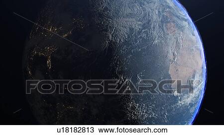 Stock Image - Earth with day and night city lights, illustration.. Fotosearch