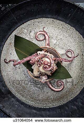 Picture - Fresh octopus presented in bowl with seed garnish, still life, overhead view. Fotosearch