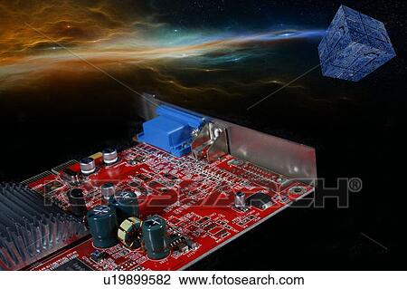Stock Image - Future of computing, conceptual image. Circuit board in space with a digital cube.. Fotosearch