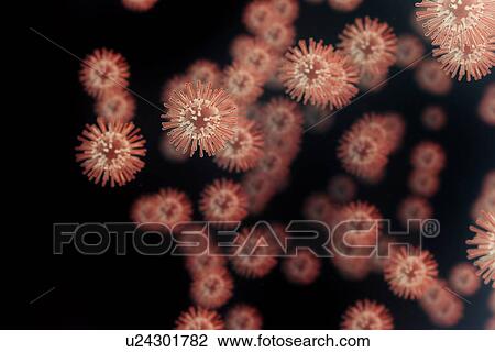 Stock Image - Group of orange virus particles, computer illustration.. Fotosearch