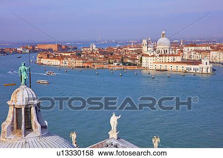 Stock Photo - High angle view of Giudecca canal with cityscape from San Giorgio Maggiore church tower, Venice, Veneto, Italy. Fotosearch