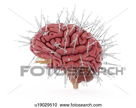Stock Image - Illustration of a brain and a lot of syringes.. Fotosearch